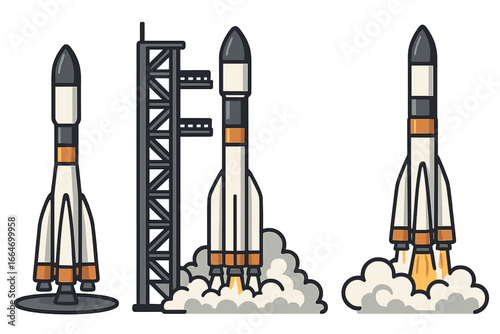 Various Rocket Designs Showing Different Stages of Launch Preparation in Digital Art Style, Vector Cartoon Illustration on Transparent Background, Space Technology and Launch Concept