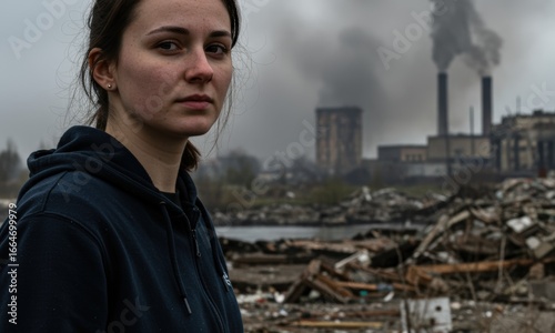 A young woman stands gravely before a heavily polluting industrial landscape with smokestacks billowing dark fumes over a desolate area filled with rubble.