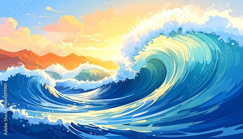 Vibrant Ocean Waves at Sunset Over Mountains.