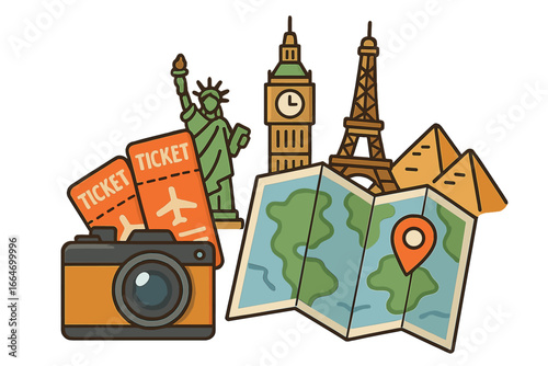 Travel essentials for an adventurous journey with camera, flight tickets, world map, and iconic landmarks like Statue of Liberty, Big Ben, Eiffel Tower, and pyramids, vector cartoon illustration