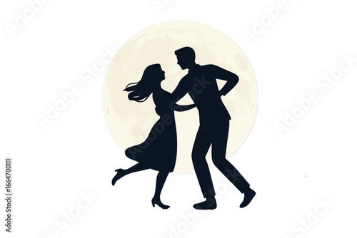 Romantic vector illustration of couple dancing under moonlight.