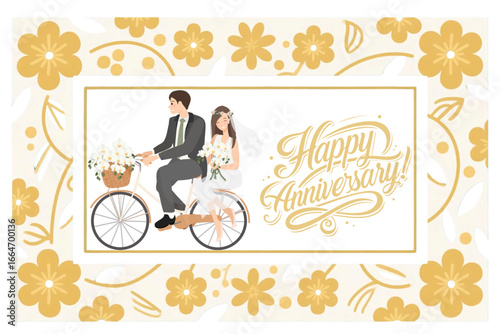 Flat design anniversary greeting card with floral frame and gold text.
