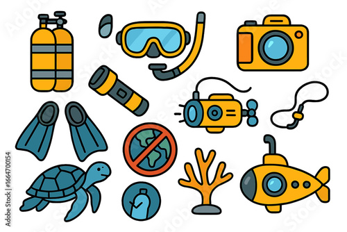 Colorful underwater exploration tools and marine life conservation icons, cartoon style vector set with scuba gear, diving equipment, turtle, coral, and eco protection symbols