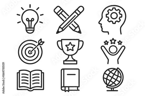 Vector illustration of line icons representing creativity, achievement, knowledge, learning, success, goals, and global education concepts in minimalist style on transparent background