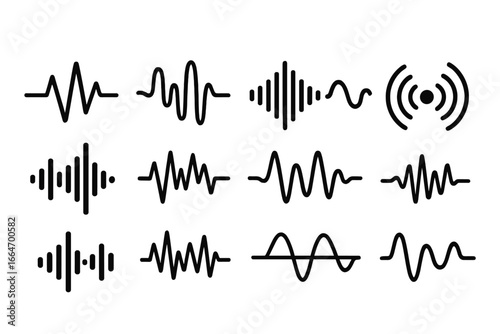 Vector illustration of various black audio waveforms and sound signal icons including linear, abstract, bar, and sinusoidal styles for music, voice, sound design, and digital audio