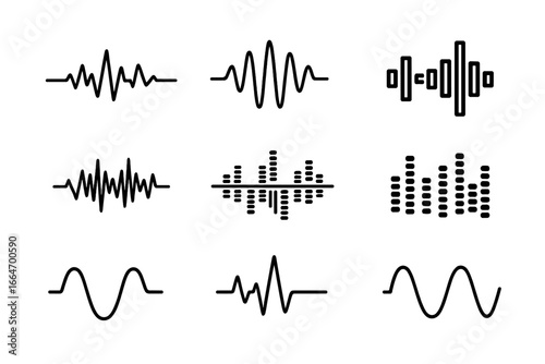Vector illustration of diverse audio waveforms and sound signal icons in black, including linear, abstract, bar, and sinusoidal styles for music, voice, sound design, and audio visualization