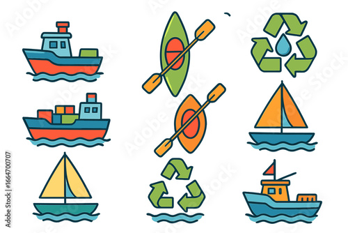 Colorful marine-themed vector icons featuring boats, kayaks, sailboats, and eco-friendly recycling symbols in a vibrant cartoon style on transparent background