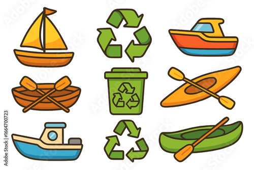Colorful Marine-Themed Icons Set with Boats, Kayaks, and Recycling Symbols, Cartoon Style Vector Illustration, Transparent Background, Nautical and Environmental Elements