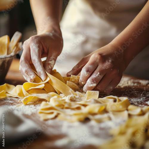 Hands shaping and cutting homemade pasta dough, traditional Italian cooking, rustic wooden countertop, deep artisanal craftsmanship, cozy warm ambiance, stock photography concept. 