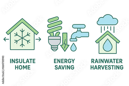 Visual Guide Illustrating Sustainable Home Management Practices Focused on Energy Efficiency, Insulation, Water Conservation, and Eco-Friendly Solutions Vector Cartoon Illustration