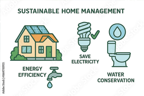 Sustainable Home Management Practices Visual Guide with Energy Efficiency, Electricity Saving, Water Conservation, Eco-Friendly Living Vector Cartoon Illustration