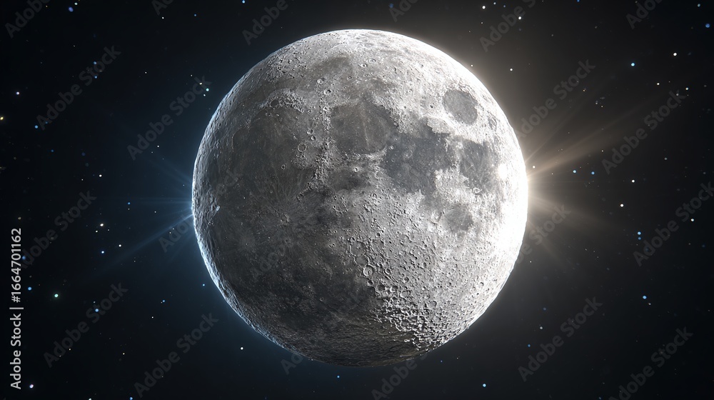 Obraz premium The Moon: Earth's only natural satellite, bathed in sunlight against a star-filled sky. A classic celestial view showcasing craters and lunar landscape.
