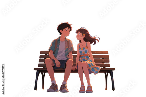 Cartoon couple sitting on a bench with fireworks background.