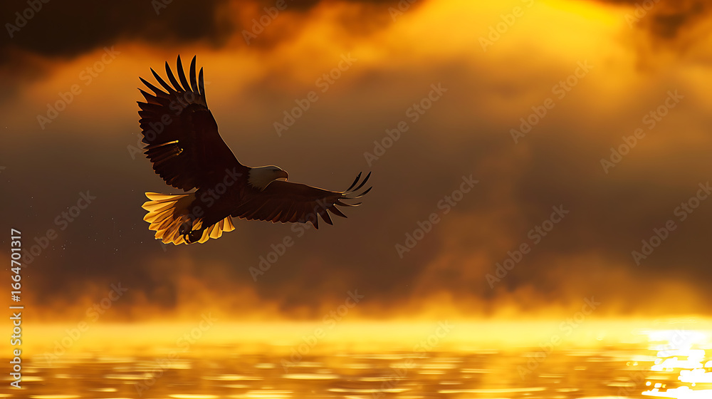 Obraz premium Bald eagle gracefully flies over a misty lake at sunrise, its silhouette reflecting in the water, embodying freedom and power
