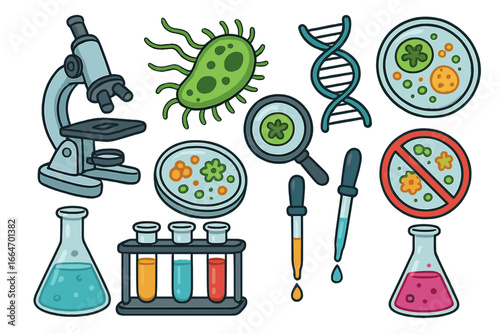 Scientific Tools and Symbols of Microbiology Research and Lab Processes, Cartoon Vector Illustration with Microscope, Petri Dishes, DNA, Pipettes, Test Tubes, and Bacteria Icons