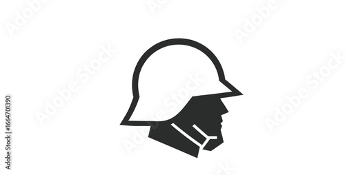 A minimalist black silhouette icon of a soldiers head in profile wearing a geometric combat helmet.