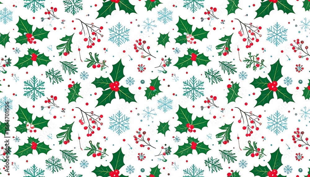 Festive winter pattern of holly, berries, and snowflakes. Festive winter pattern of holly, berries, and snowflakes.