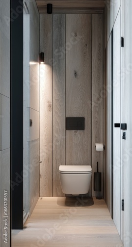 Wallpaper Mural Modern bathroom hallway, light gray walls, wood paneling, white toilet Torontodigital.ca