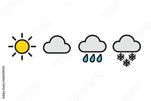 Weather symbols set including sunny, cloudy, rainy, and snowy conditions in sequential arrangement, cartoon-style vector illustration on transparent background for meteorology and forecasts