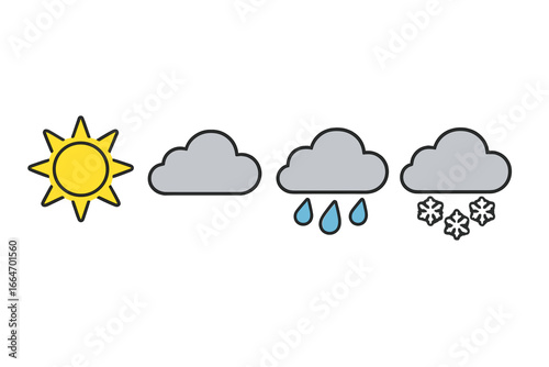 Weather Symbols Collection Showing Sunny, Cloudy, Rainy, and Snowy Conditions in Sequential Cartoon Style Vector Illustration on Transparent Background
