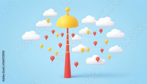 A whimsical 3d render of an umbrella with clouds and balloons on a blue background
