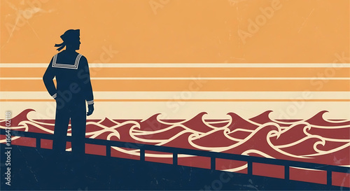 Vintage Seafarer: A contemplative sailor stands gazing out over stylized waves, evoking a sense of nostalgia and maritime adventure under a retro-toned sunset horizon
