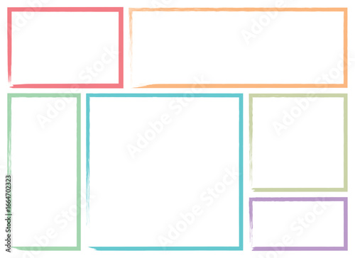 A vibrant assortment of watercolor frames in various sizes and pastel hues are arranged on a pristine white backdrop.  Each frame encloses a blank white space. 