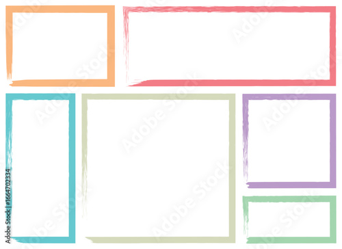 This image features a collection of differently sized frames with a brush stroke texture. Each frame is a pastel shade, set against a stark white backdrop, creating a clean and modern look.