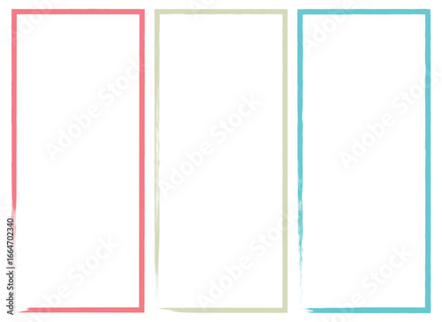 Three rectangular frames are vertically aligned against a white backdrop. The frames, in pink, beige, and blue hues, feature a distressed, brush-stroke-like design on their edges.