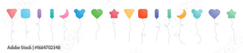 A group of colorful balloons, each with a distinct shape and color, float against a clean white backdrop, creating a whimsical and cheerful effect. The balloons each hang on strings.