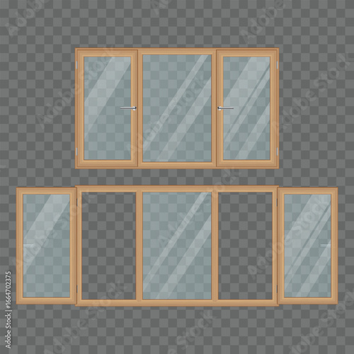Two window frame structures featuring transparent glass panels are set against a matching transparent background. The upper window frame is split into three panes.