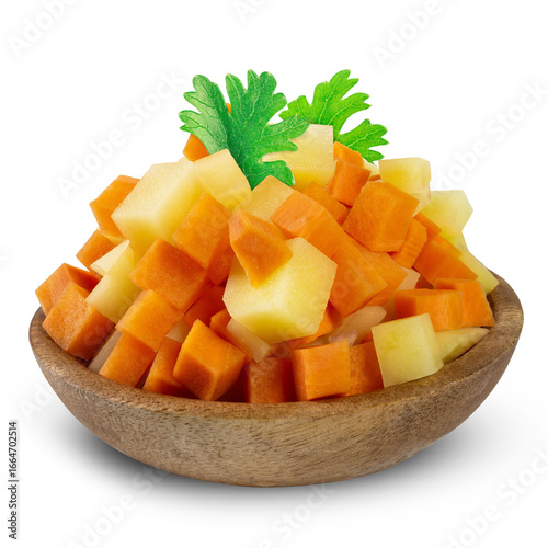 A wooden bowl of diced carrots and potatoes, garnished with fresh parsley.