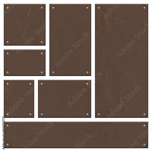 A collection of different sized and shaped metal panels, reminiscent of signs or plates. Rivets secure them, giving a textured, industrial feel to the design.