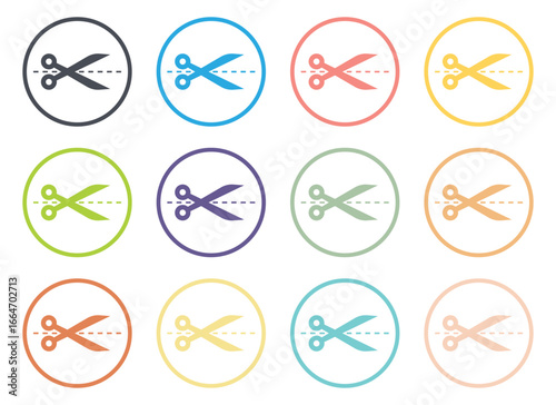 An array of scissors icons within colored circles suggests diverse cutting, crafting, or project tasks. The dotted line implies the cut point, enhancing clarity.