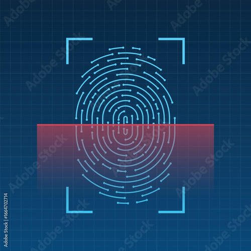 A stylized image depicts a fingerprint scan on a blue, grid-patterned background, framed by scanner corners.  A horizontal red bar emphasizes the active scanning process.
