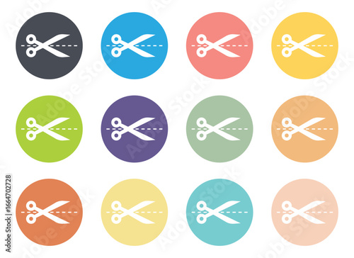 An array of scissors icons on a white background. Each icon features a pair of white scissors cutting along a dotted line, set against a colorful circular background.