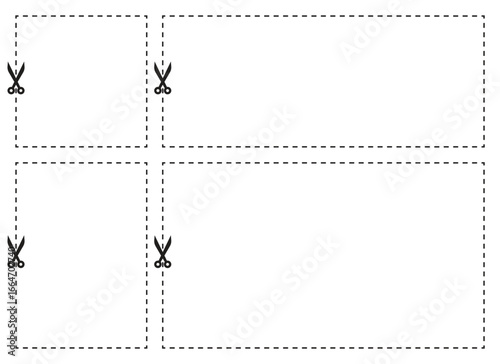 A plain white background showcases four coupons arranged in a two by two grid.  Each coupon is delineated by a dashed cut line and a scissors icon is located on the corner.