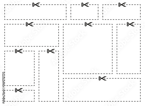 A white sheet is dotted with lines and scissors icons, creating cut-out shapes. It's ideal for coupons, cards, crafts or paper cutting projects with plenty of customization.