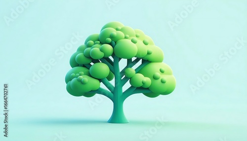 A vibrant green 3d tree with spherical foliage against a light blue background