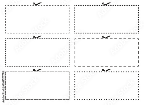 A set of six blank coupons with different dotted line patterns and a scissor icon at the top indicating the cut line. The coupons are arranged in rows and columns.