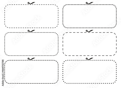 A stark white background features six rectangular coupon templates. Each form is delineated by dotted lines and showcases a small scissor icon along its top edge.