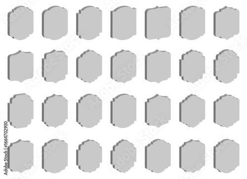 An array of grey, stylized frame shapes, each with unique ornamentation and presented in an isometric view, conveys a sense of design options on a white background.