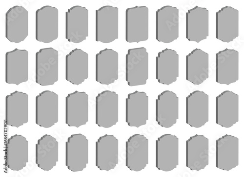 Collection of various isometric labels against a stark white backdrop. The array showcases a diversity of label shapes, all rendered in a uniform gray tone, casting soft shadows.