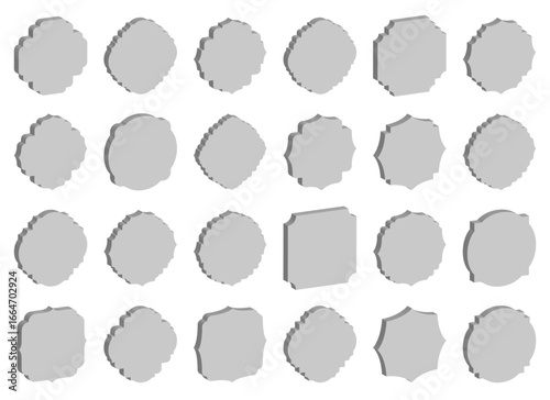 A diverse collection of stylized isometric grey shapes. Variety of intricate designs and styles creates an interesting and unique pattern against a white background.