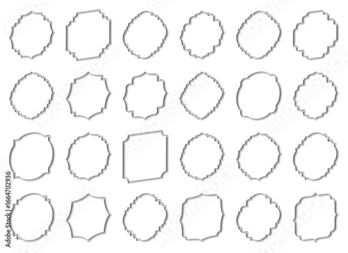 A collection of 24 isolated frames in assorted shapes with slight shadows, uniformly arranged against a stark white backdrop, evokes elegance, style and classic design.