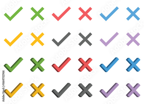 A collection of checkmarks and crosses are presented in various colors and styles. The symbols represent approval and rejection, set against a plain white background.