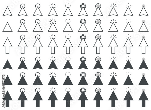 An array of arrow cursor icons, each with a distinct modification, showcasing several statuses. The cursors vary in color, style and symbol, all set on a white backdrop.