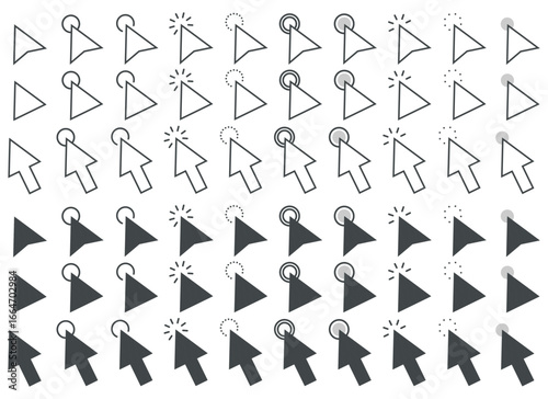 A collection of stylized mouse pointer arrows in various states, including click, hover, and regular. Some are outlined, others filled, displaying various selection options.