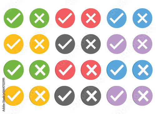 A collection of colorful circles contains white checkmarks and crosses, a visual representation of choices, affirmations, denials, or completion statuses on a white backdrop.