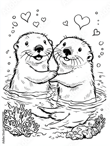 Adorable otter couple holding hands in water coloring page
